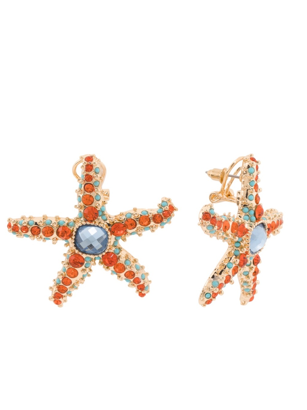 Betsey Johnson Gold Starfish Earrings with Orange and Turquoise Stones